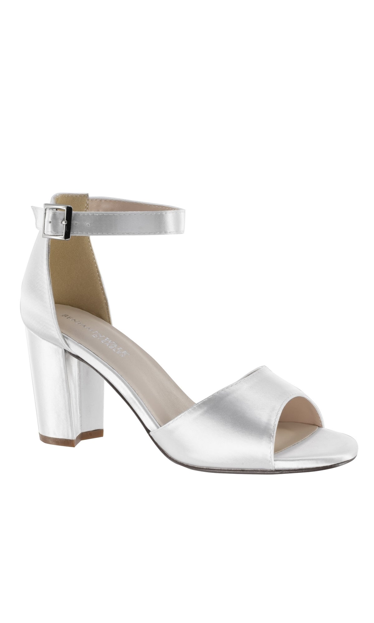 The White Amaya Block-Heel Prom Shoes (Dyeables 4496) feature an open toe, ankle strap with buckle, and a block heel—perfect white prom shoes, shown on a white background.